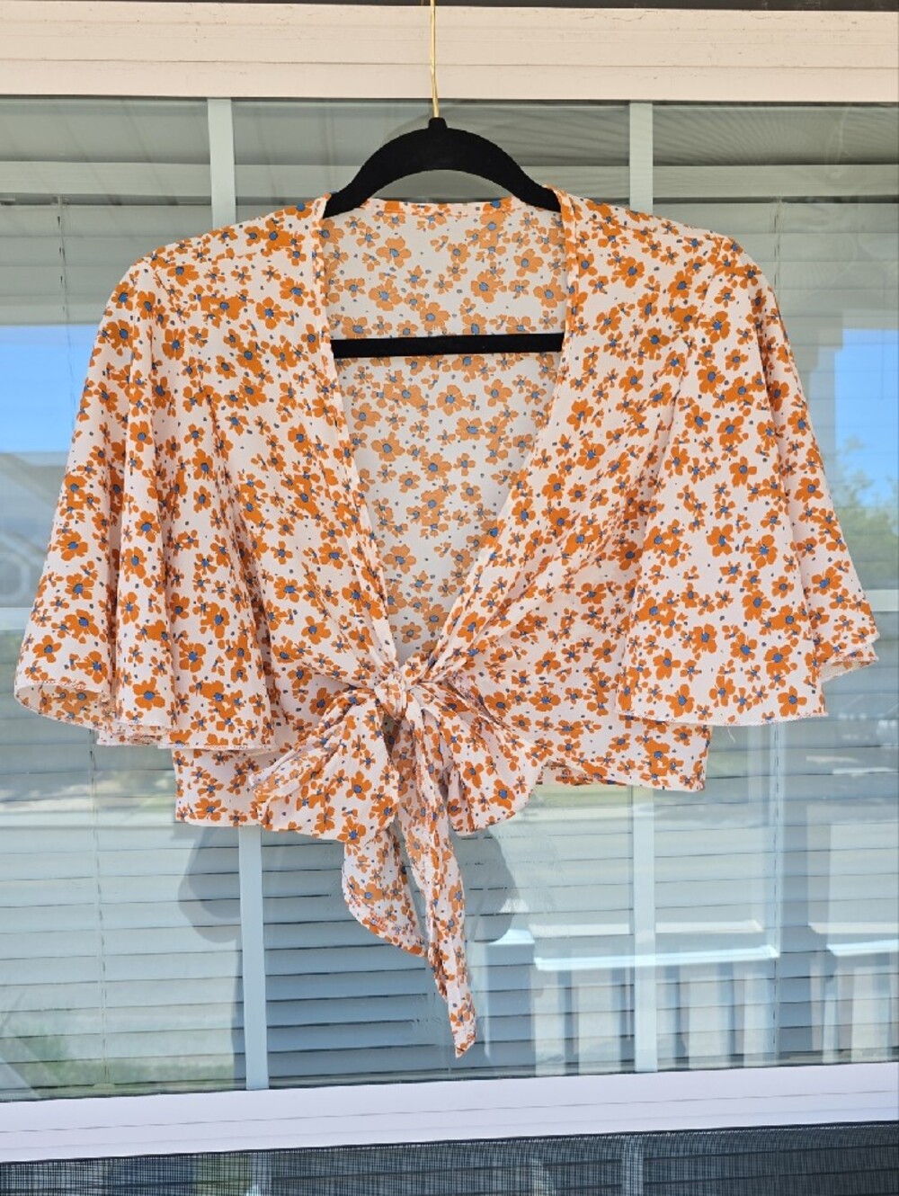 SHEIN Orange Floral Tie-Front Crop Top - M - Picture 5 of 6